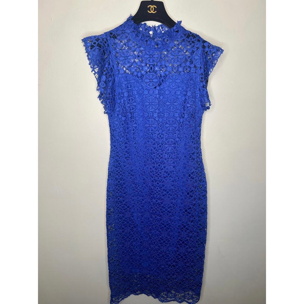 Enfocus Studio Cobalt Blue Floral Lace Sheath Cocktail Dress Ruffle Cap Sleeve 8